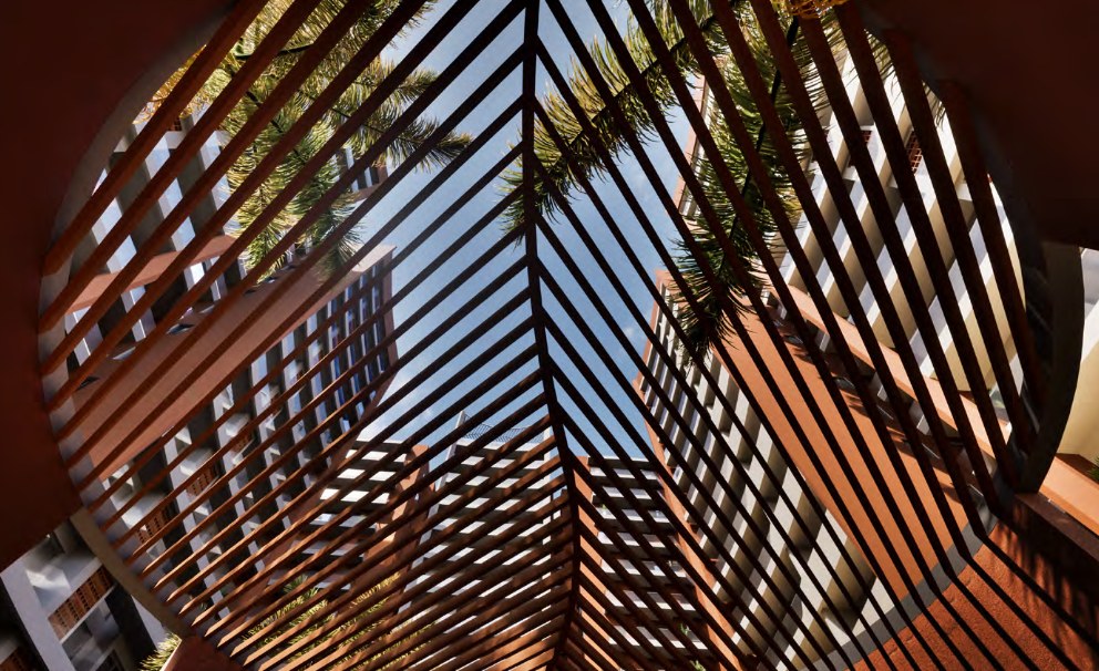 Curved wooden pergola at Fern